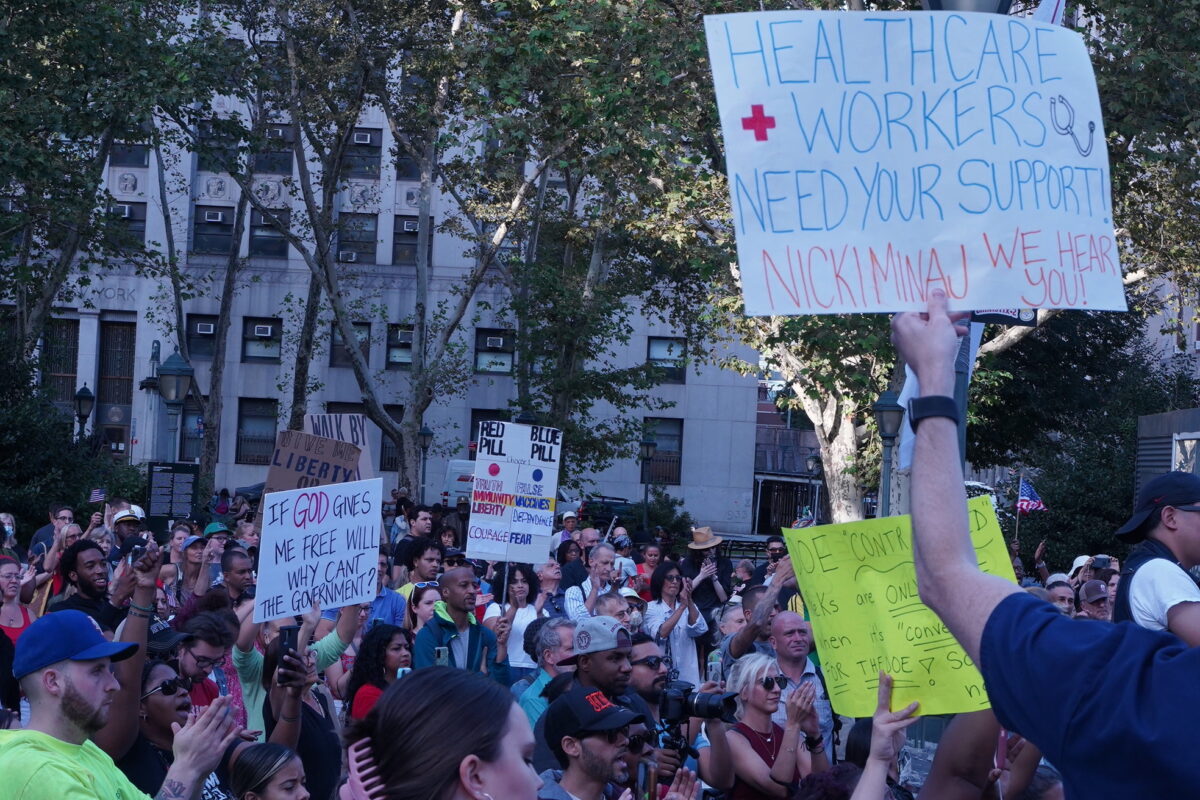 Protesters against the NY vaccine mandate rally at Foley Square, Manhattan, New York, on Sept. 27, 2021