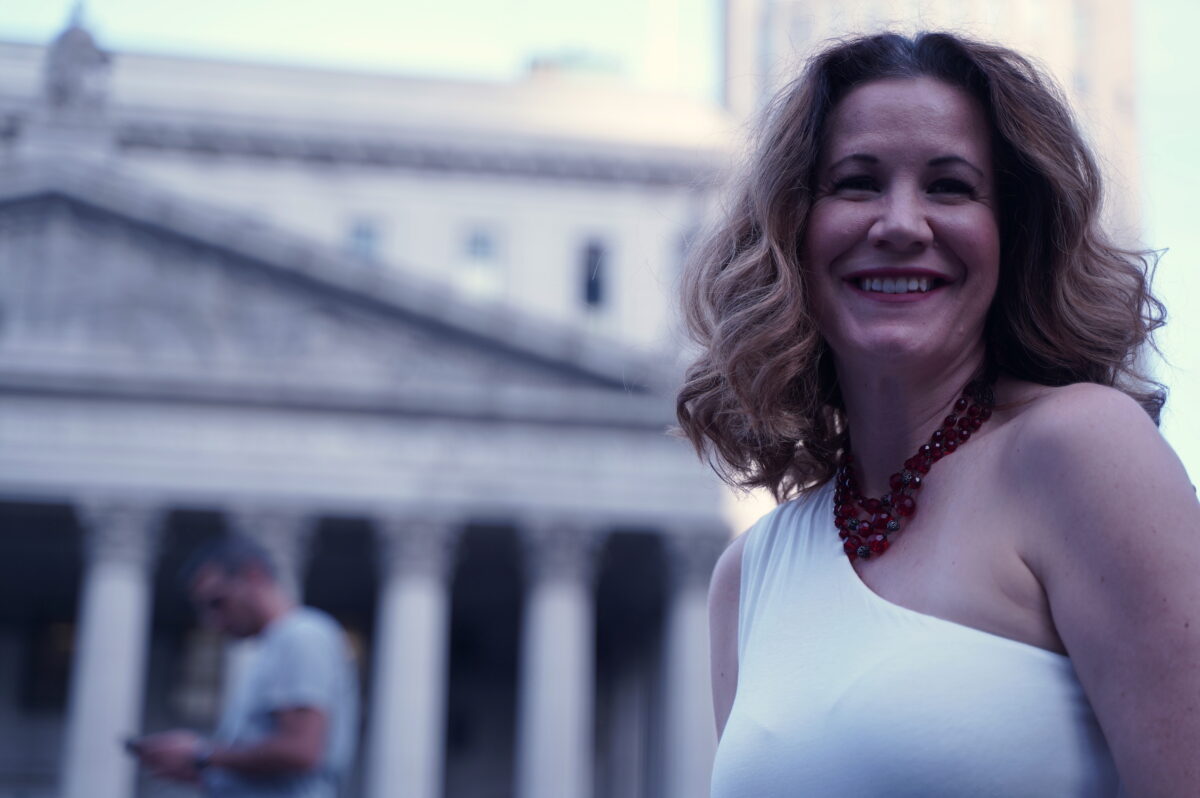 Lisa Eden, an opera singer, protesting against vaccine mandates at Foley Square, Manhattan, New York, on Sept. 27, 2021.